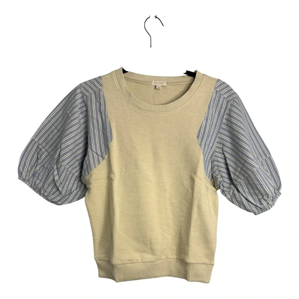 Pilcro Woven Crewneck Puff-Sleeve Top in Beige and‎ Blue Stripe XS NWT - Picture 5 of 14